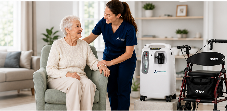 Care worker supporting an older adult with home healthcare equipment